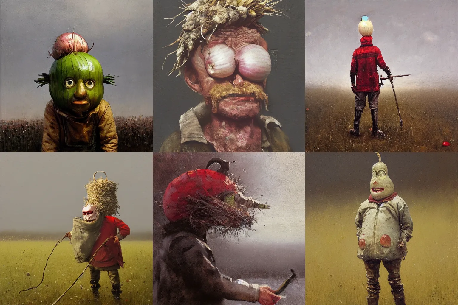 Prompt: onion man by Jakub Rozalski, oil painting on canvas, smug onion head