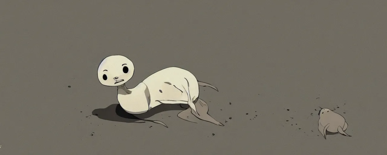 Image similar to a clean seal skeleton in river mud, goro fujita, studio ghibli, rim light, sad lighting, dark lighting, clear focus, very coherent