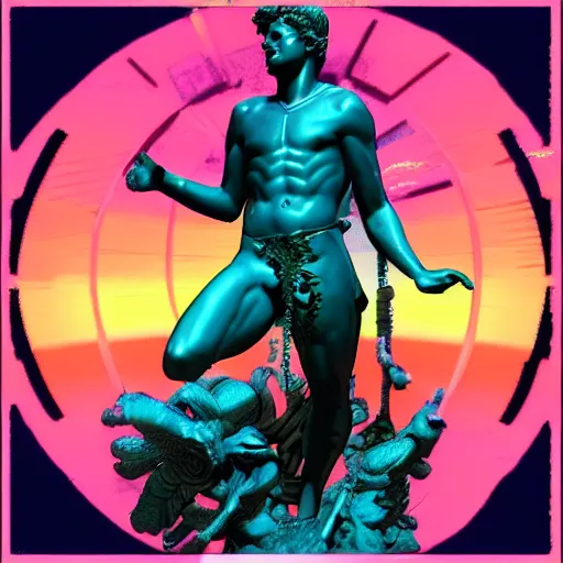 Image similar to a statue of helios, vaporwave comic book style, highly detailed