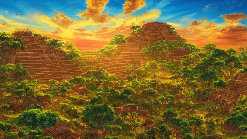 Image similar to an artwork of a sky island with a landscape of Maya civilisation, golden blooming sunlight