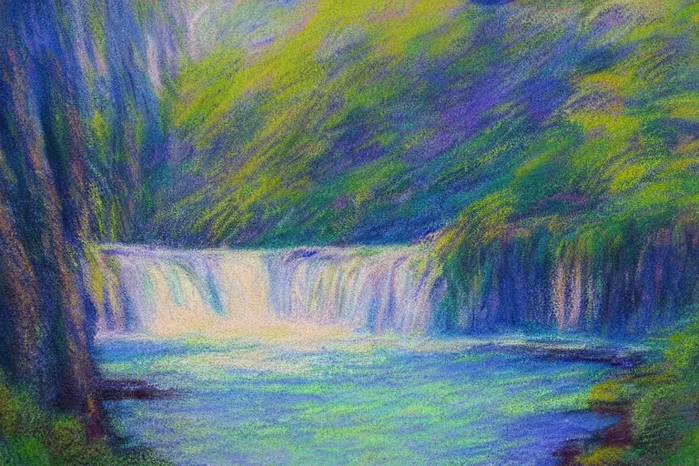 Prompt: beautiful landscape, waterfall, impressionist, masterpiece, pastel, muted