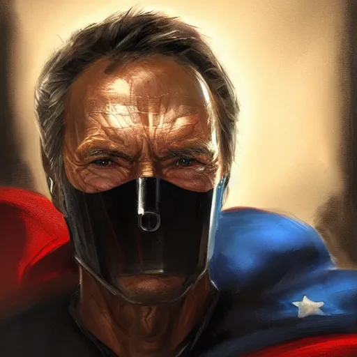 Image similar to portrait of superhero by greg rutkowski, clint eastwood wearing a black, red and blue kevlar gear, highly detailed portrait, digital painting, artstation, concept art, smooth, sharp foccus ilustration, artstation hq