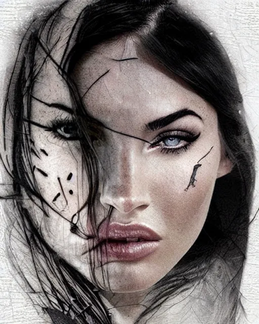 Prompt: megan fox face mash up double exposure effect beautiful mountain scenery, medium sized tattoo sketch, amazing detail, trending on pinterest, in the style of brandon kidwell