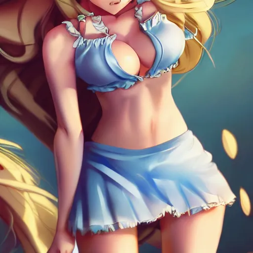 Image similar to a very beautiful young anime bar girl, full body, long wavy blond hair, sky blue eyes, full round face,, bikini, miniskirt, front view, mid - shot, highly detailed, cinematic wallpaper by stanley artgerm lau
