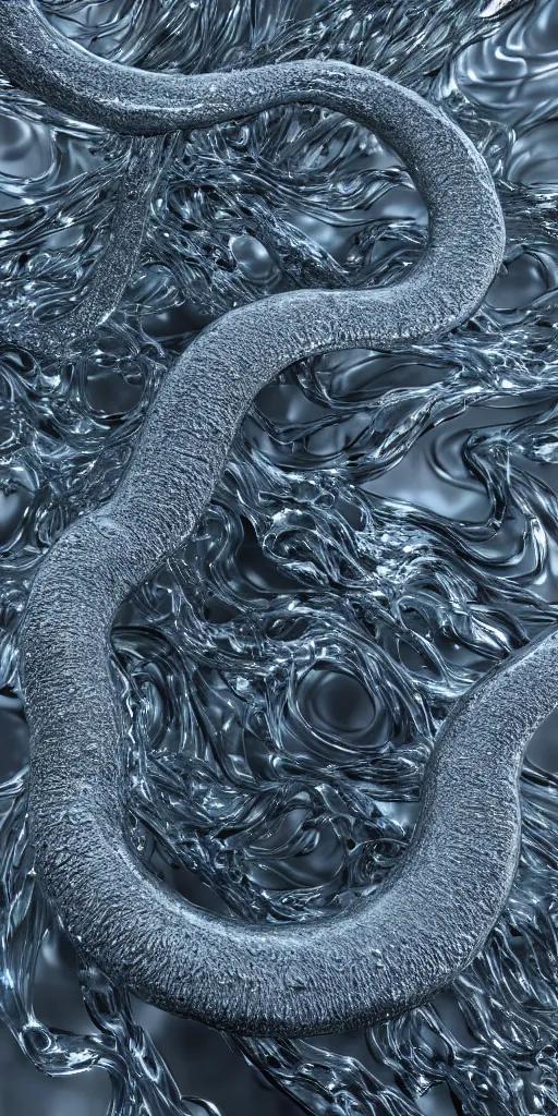 Image similar to a photorealistic render of a 3 d organic water sculpture in the centre, made of liquid metal, c 4 d, made of marble, by zhelong xu, gakkin and ernst haeckel, hyper realistic, plain background, 8 k, volumetric lightning, trending on artstation