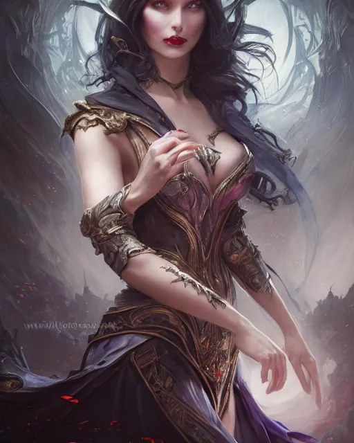 Image similar to daniel gerhartz and artgerm detailed portrait digital rococo painting of a beautiful villainess wearing fantasy clothing like liliana vess, evil mood, hellish battlefield in the background, embers, unreal engine, hyper realism, realistic shading, cinematic composition, blender render, octane render, hdr, detailed textures, photorealistic, ultrawide shot, 3 5 mm film