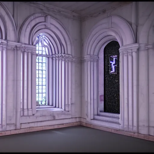 Prompt: vaporwave chapel, liminal space, high detail, rendered in unreal engine, 3d render, god rays, volumetric lighting, vegetation