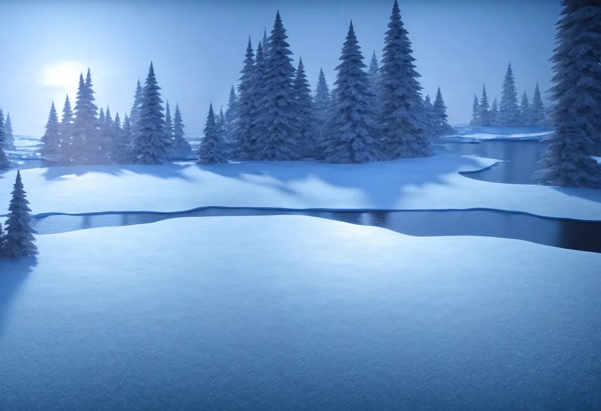 Image similar to inside of flowing frozen lake winter landscape of imagination, matte painting, beautiful render, octane render, concept art