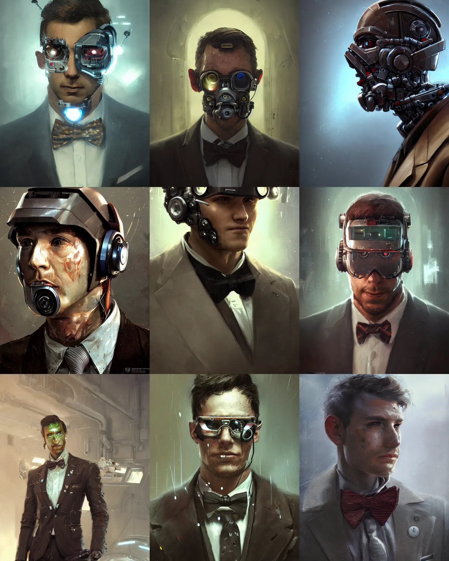 Image similar to a rugged young engineer man with cybernetic enhancements wearing a suit and bowtie, detailed face with visor, scifi character portrait by greg rutkowski, esuthio, craig mullins, 1 / 4 headshot, cinematic lighting, dystopian scifi gear, gloomy, profile picture, mechanical, half robot, implants, steampunk