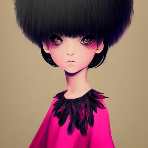 Prompt: little girl with an pink bizarre haircut wearing an dress made of black feathers, artwork made by ilya kuvshinov