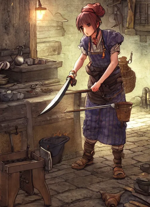 Prompt: character portrait of a blacksmith tomboy making a sword at the smithy, hidari, color page, tankoban, 4K, tone mapping, Akihiko Yoshida.