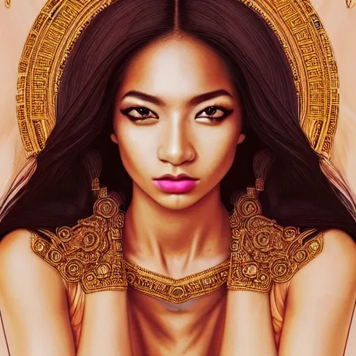 Image similar to ( ( ( portrait of tech goddess ) ) ), zoom, rule of thirds, atmosphere, intricate, regal, latinas, ( brown skin ), symmetrical!!, loreal, maybelline, sephora, loreal, artstation, art by artgerm and gonzalo ordonez arias, moody, concept art, filmic, vsco