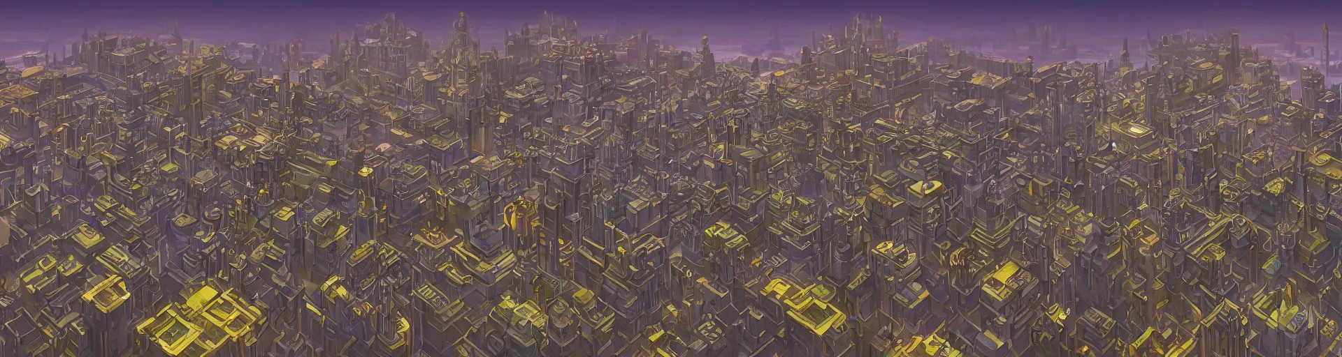 Image similar to a wide landscape shot of a dwarven city with retrofuturist art deco architecture