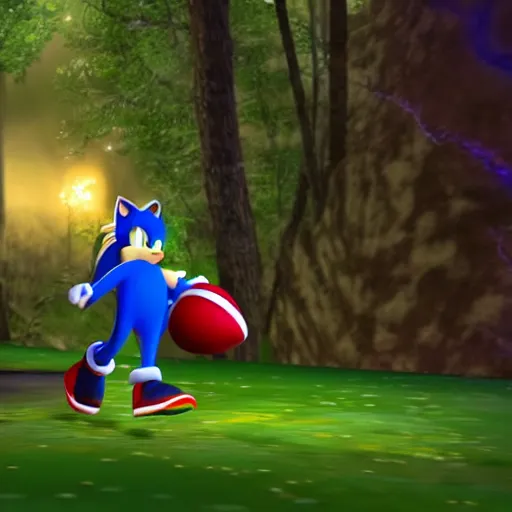 Prompt: nighttime sonic the hedgehog running in forest, spooky, dark, pitch black horror