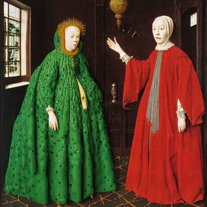 Prompt: a woman made of bubbles, standing next to a monster, by Jan van Eyck