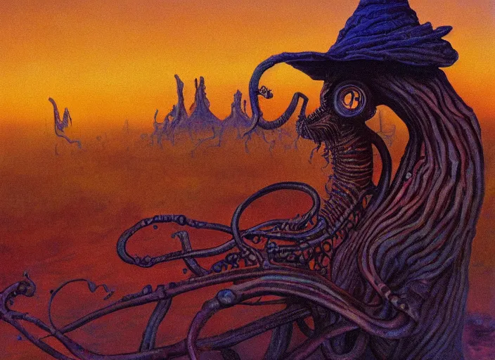 Image similar to surrealist impressionist painting of eldritch garfield at dusk, in the style of michael whelan and james gurney and wayne barlowe