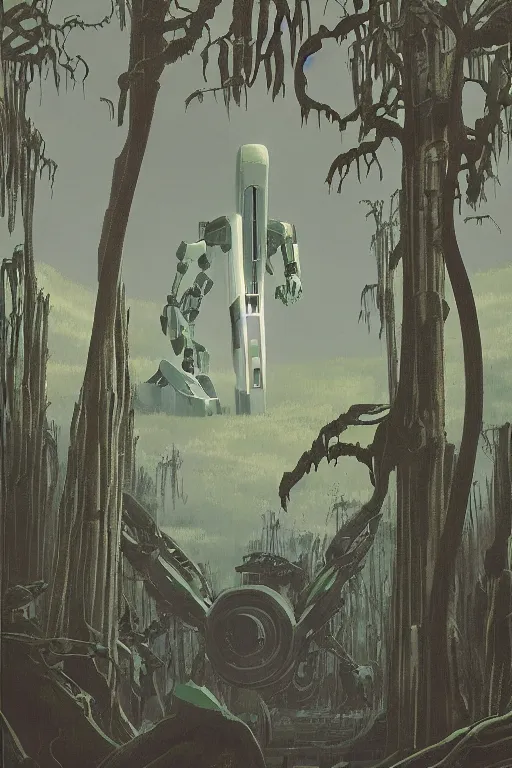 Image similar to giant mecha robot with laser, swamps landscape and pillars by helen lundeberg