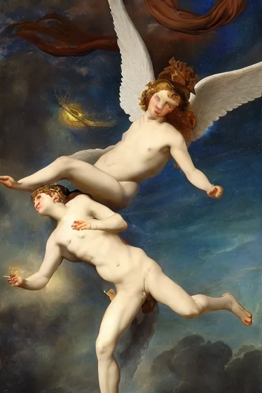 Image similar to angel falling to andromeda, very high resolution images, very fine details, very realistic, art by yulia iosilzon, simone graci, plus touch from raden saleh in the depth of color and emotion