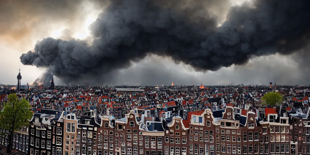 Image similar to the rooftops of amsterdam during a catastrophic fire. moody dark skies lit up by fire. photography