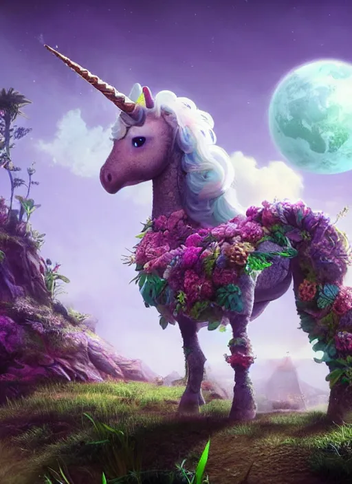 Image similar to unicorn on a lunarpunk biome, au naturel, hyper detailed, digital art, trending in artstation, cinematic lighting, studio quality, smooth render, unreal engine 5 rendered, octane rendered, art style by pixar dreamworks warner bros disney riot games and arcane.