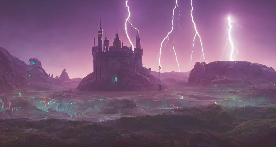 Image similar to Landscape with GIANT lightning bolt striking a futuristic castle, center composition, cinematic, rendered by simon stålenhag, rendered by Beeple, Makoto Shinkai, syd meade, environment concept, digital art, starwars, unreal engine, 3 point perspective, WLOP, trending on artstation, low level, 4K UHD image, octane render,