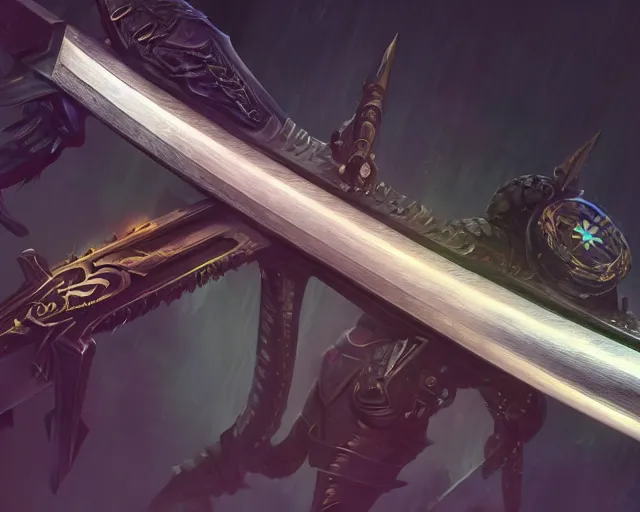 Image similar to legendary sword of cybernetic technology on a glowing table, digital award winning hd matte painting, intimate dark moody, intricate, long sharp black and iridescent blade, ornate spikes, colorful hilt, detailed realistic, raytraced blade, colored gems, golden pommel, in the style of greg rutkowski and krenz cushart, trending on artstation and deviantart