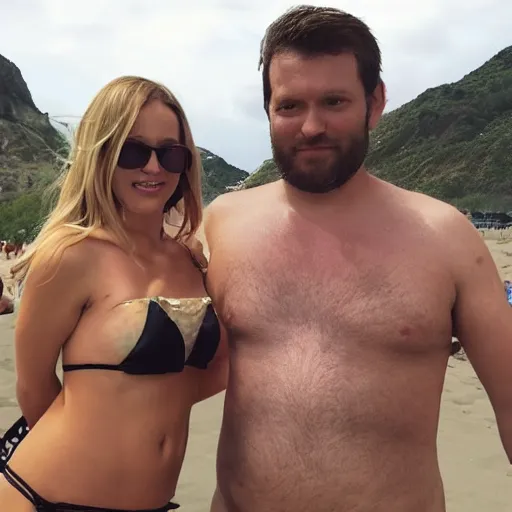Image similar to photo of a 4 0 year old man that looks young for his age dating a very attractive 2 2 year old woman wearing a bikini. they at a rally.