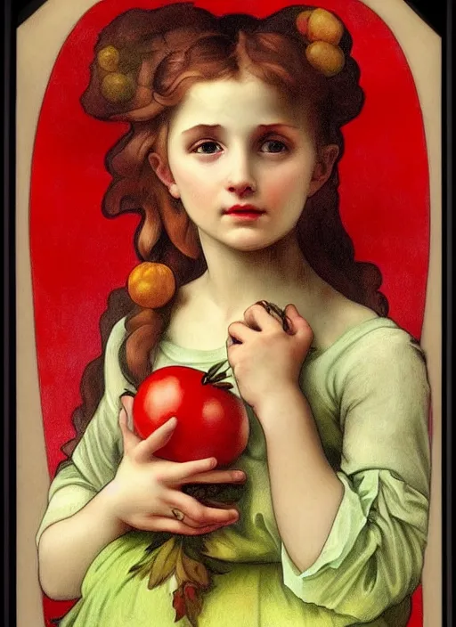 Image similar to Girl with a tomato, in the style of Raphael and Mark Ryden and Alphonse Mucha,