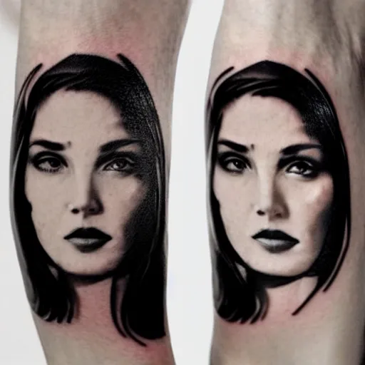 Prompt: realistic tattoo idea of a beautiful woman face double exposure with a mountain scenery