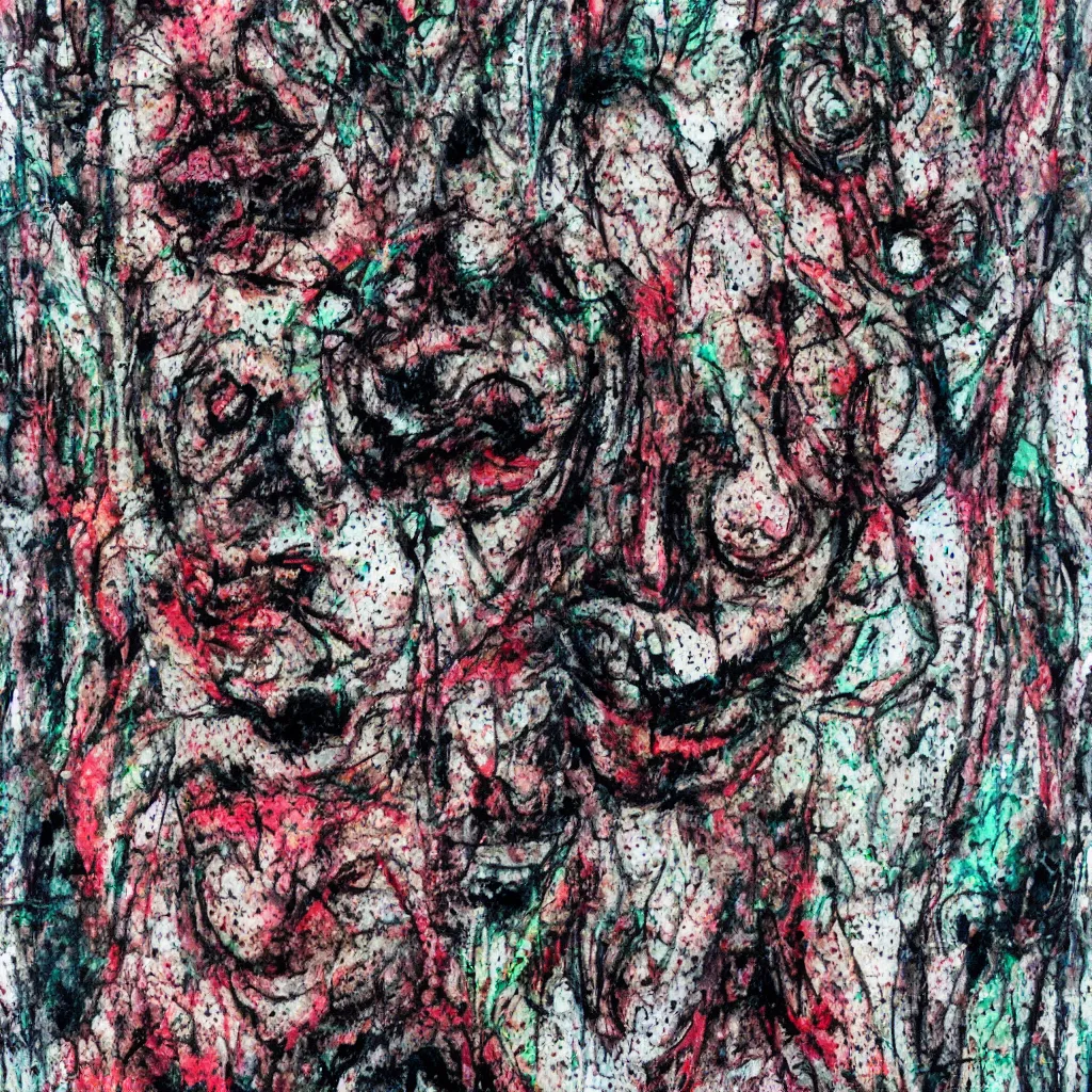 Image similar to camo made of teeth, smiling, abstract, francis bacon artwork, cryptic, dots, spots, stipple, lines, splotch, color tearing, pitch bending, faceless people, dark, ominious, eerie, hearts, minimal, points, technical, old painting, neon colors