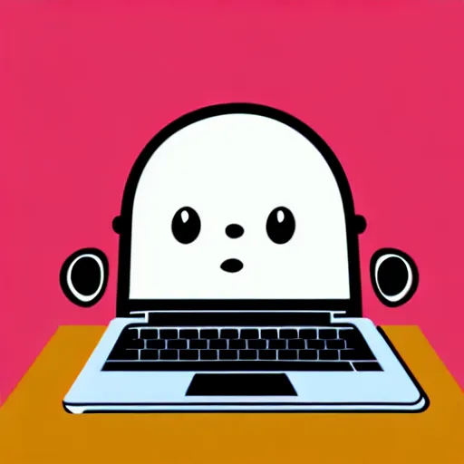 Prompt: simple vector illustration of a cute and friendly ghost, wearing glasses, typing on a laptop