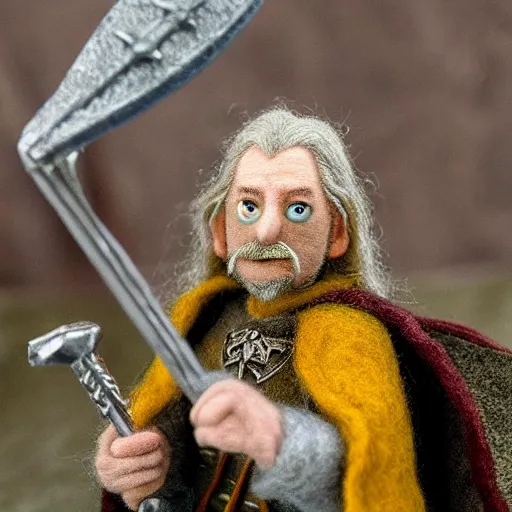 Image similar to needle felted king theoden from the return of the king (2003) giving a speech to the riders of rohan, highly detailed, dslr, tilt shift, eerie, hyperrealism, highly textured, god rays