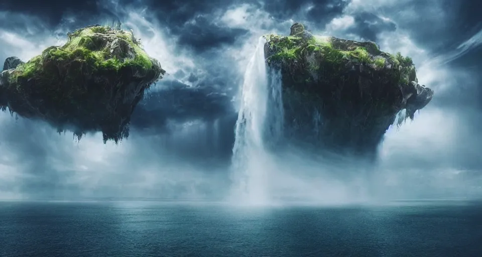 Prompt: An epic floating island in the sky above the sea, waterfall falling down, epic lighting, epic composition, cinematic, highly detailed, 4k