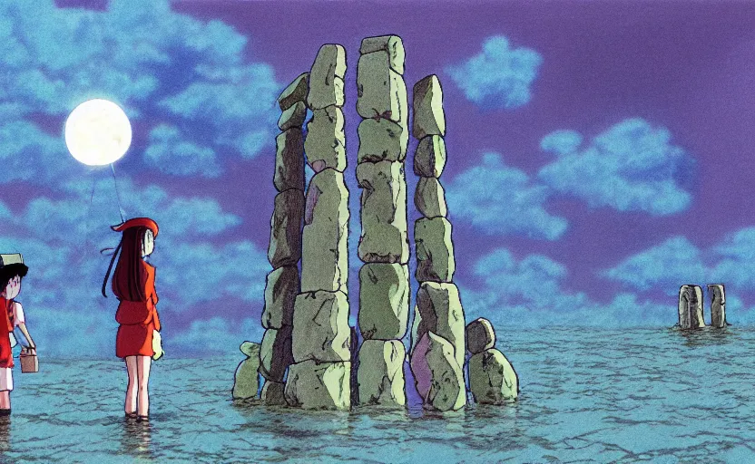 Image similar to a realistic cell - shaded studio ghibli concept art from paprika ( 2 0 0 6 ) of a flying multi - colored cube from close encounters of the third kind ( 1 9 7 7 ) and a grey long - haired witch in a flooded stonehenge on a misty starry night. very dull colors, wide shot, hd, 4 k, hq