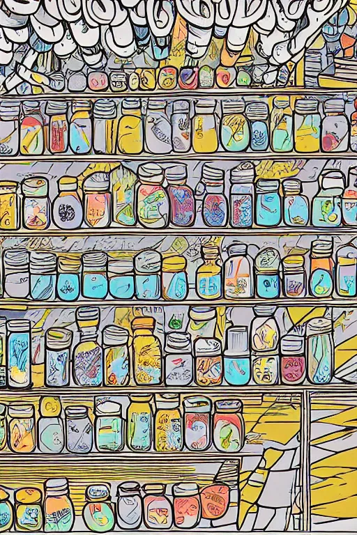 Image similar to mcbess illustration of a magical, mystical shop full of jars of sweets, rainbow gouache