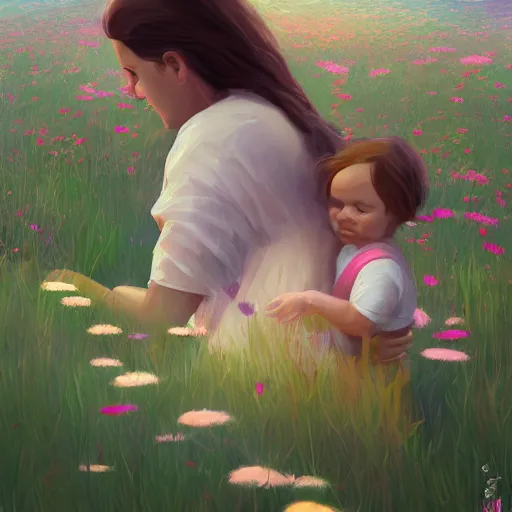 Prompt: A mother and child in a field of flowers, serene, pastoral, digital painting, artstation, close up, details, sharp focus, illustration, By Ross draws