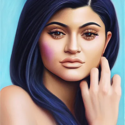 Prompt: a symmetrical portrait of a kylie jenner, oil painting, pale colors, high detail, 8 k, wide angle, trending on artstation,