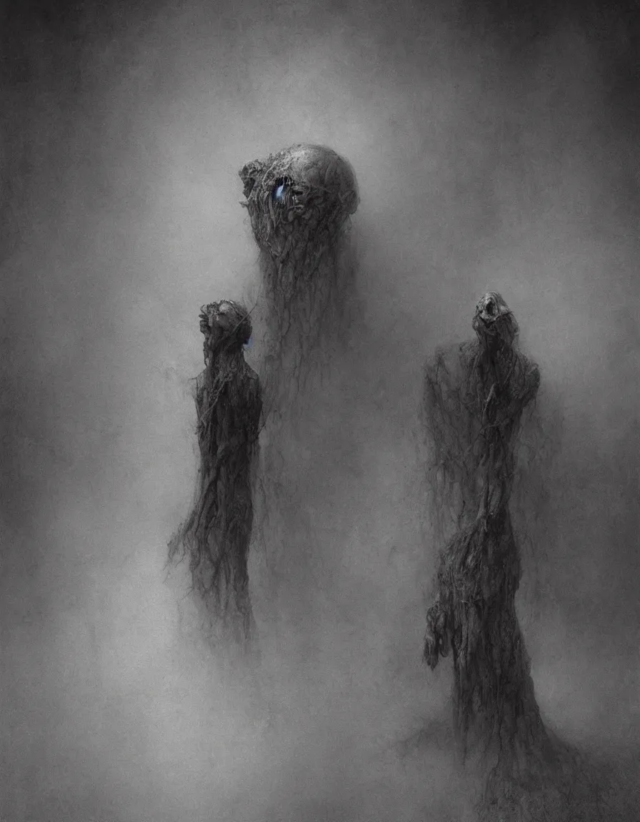 Image similar to a horror painting of a creepy figure by miles johnston, stephen gammell, gustave dore and zdzisław beksinski. volumetric light, detailed, rendered in octane