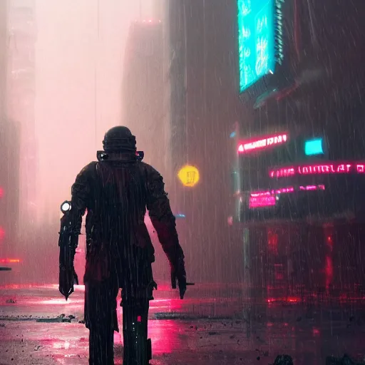 Prompt: return of the cyberpunk army in neon city, raining, cinematic lighting, 4 k, by greg rutkowski