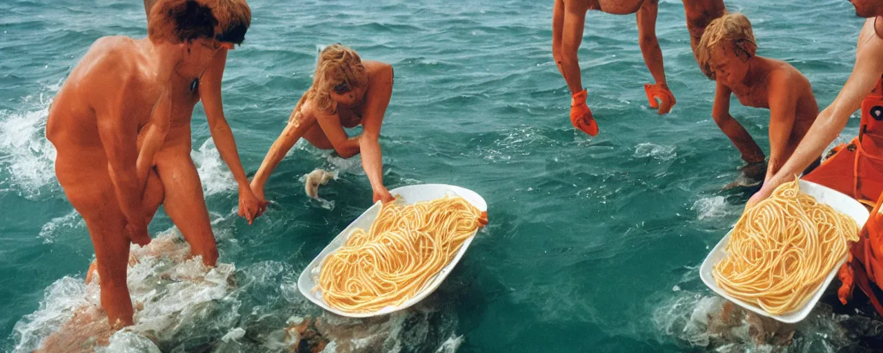 Image similar to dolphins receiving spaghetti from humans from a boat, ocean,, small details, intricate, sharply focused, canon 5 0 mm, wes anderson film, kodachrome