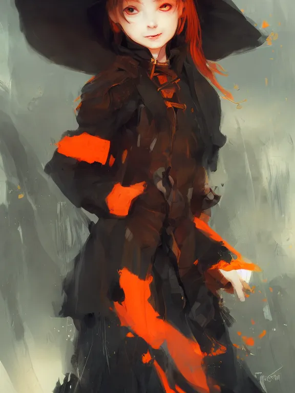 Prompt: Portrait of a cute mischievous young witch about to get up to some trouble. Black and Orange palette. By Ruan Jia and Artgerm and Range Murata and WLOP and CLAMP. Key Art. Fantasy Illustration. award winning, Artstation, intricate details, realistic, Hyperdetailed, 8k resolution.