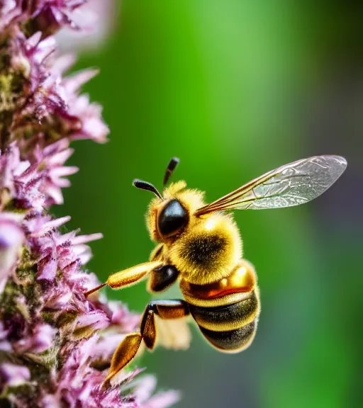 Image similar to super macro photo of a golden bee on a flower in a forest. dof. bokeh. magical atmosphere. art by greg rutkowski. lifelike. very detailed 8 k. intricate. soft light. nikon d 8 5 0.