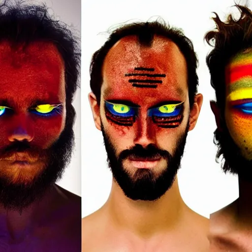 Image similar to three eyed gods, third eye middle of forehead, wide wide shot, very hairy bodies, vivid colors, eye in forehead, beautiful lighting