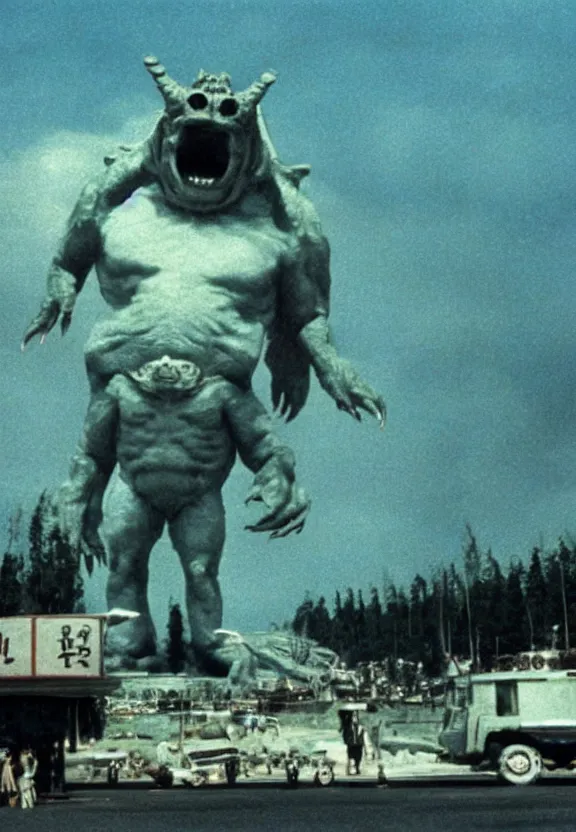 Image similar to Pulgasari the North Korean monster, volumetric lighting, filmstill, produced by Kim Jong-il, Kodachrome, kaiju-eiga, starfish monster movie, communist propaganda, film noir, 35mm film grain, Cooke Varotal 20-100mm T3.1