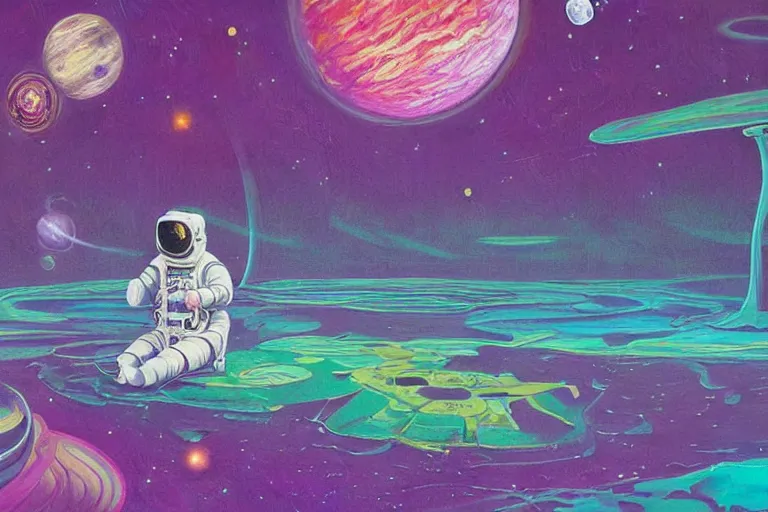 Image similar to surreal painting by chesley bonestelll!!, an astronaut sitting near a river + psychedelic vegetation + purple, pink, blue + planets and stars + mystic fog, 5 0's vintage sci - fi style, rule of third!!!!, line art, 8 k, super detailed, high quality