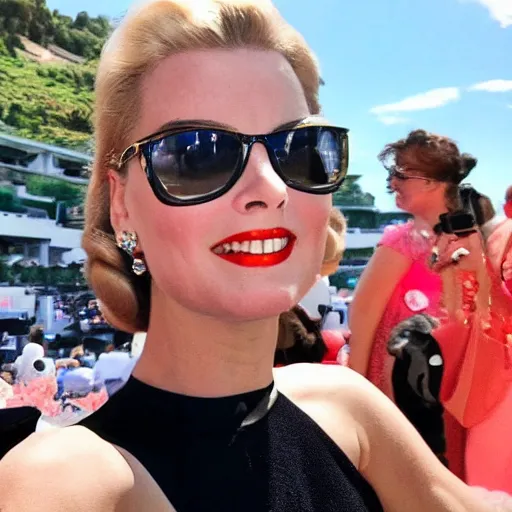 Image similar to selfie smartphone photo of a young Grace Kelly at the Monaco Gran Prix, F1 cars blurred in background, iphone photo, smartphone resolution, trending on instagram, influencer photography