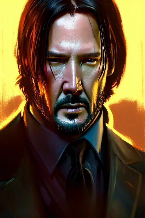 Image similar to cinematic shot of an epic portrait of john wick dressed in military clothes, stylised military clothes, shiny skin, beautiful eyes, beautiful, small details, night setting, realistic poster with volumetric light from craig mallism, artgerm, jeremy lipkin and michael garmash, unreal engine, radiant light, digital art, trends at art station, a masterpiece