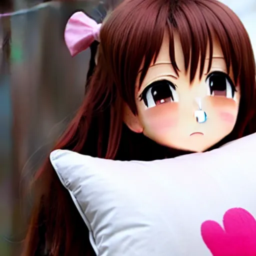 Image similar to cute anime girl hugging a pillow, official media