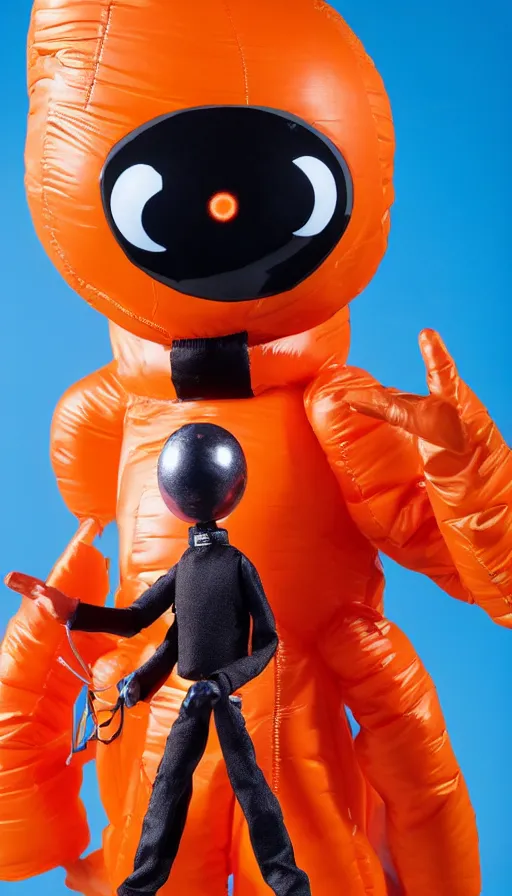 Prompt: still slender figurine of a tall giant inflated space man action figure wearing over sized orange puffy bomber jacket, googly eyes, tareme eyes, small head, personification, dynamic pose, detailed product photo, tone mapped, beautiful composition, 8 5 mm, f 5. 8, soft lighting