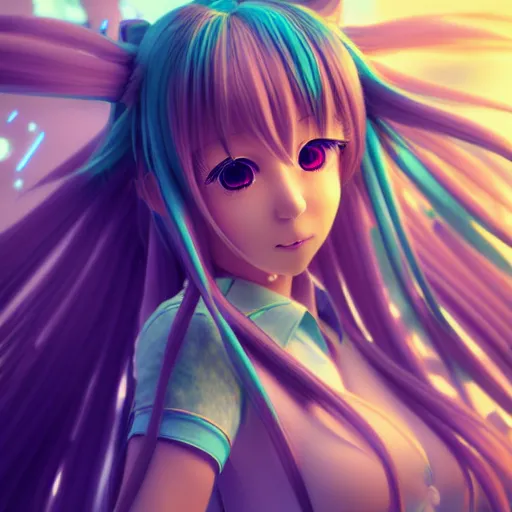 Prompt: render of a full body portrait as a very beautiful 3d anime girl Hatsune miku, long braided teal hair, hazel eyes, revealing outfit, full round face, short smile, cinematic lightning, medium shot, mid-shot, highly detailed, trending on Artstation, Unreal Engine 4k, cinematic wallpaper, symmetrical